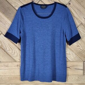 Pendleton Sweater Womens Large Short Sleeve 100% Merino Wool Blue Trim Heathered